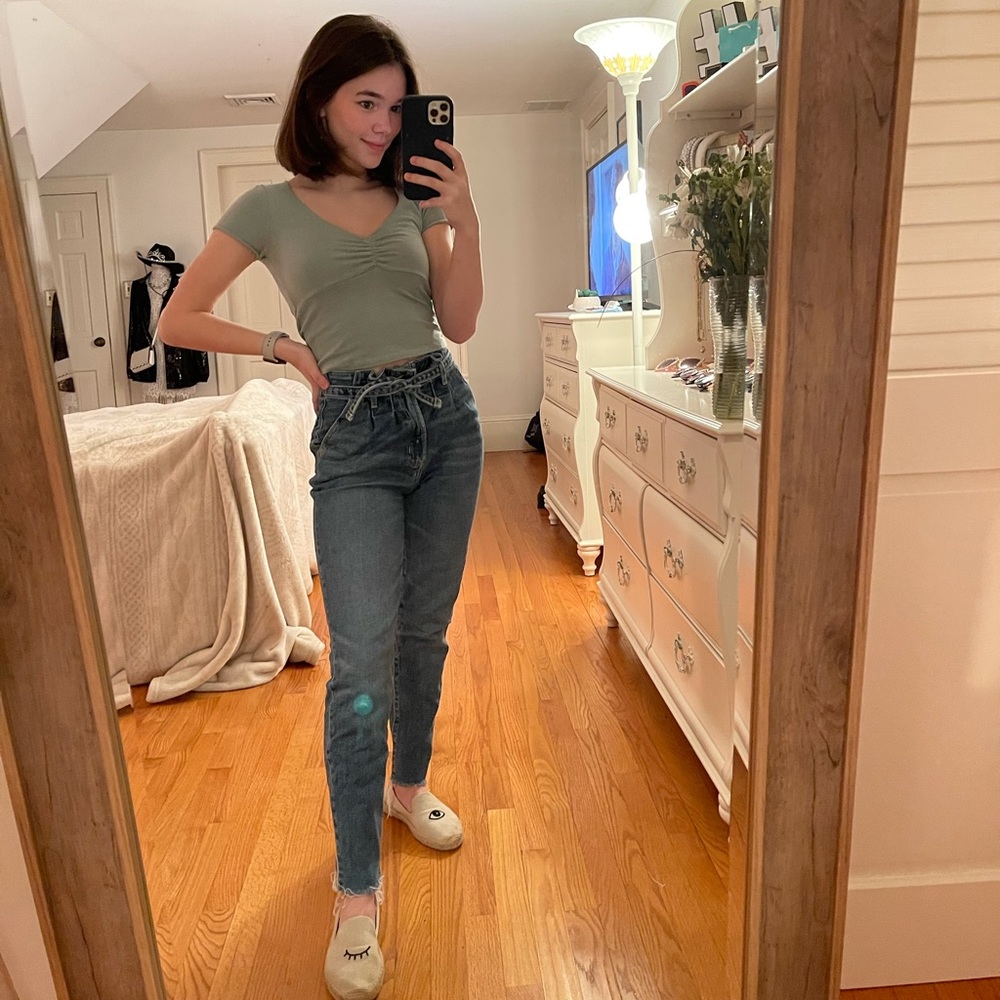 Hollister Ultra High Rise Mom Jeans, with tie front on top